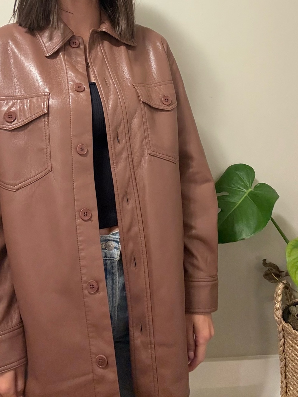 Wilfred Taupe Brown Faux Leather Button-Front Jacket